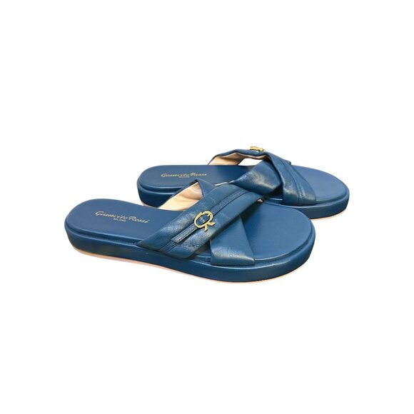 Gianvito Rossi Blue Leather Cross-Strap Sliders Size 8.5 - Picture 1 of 9